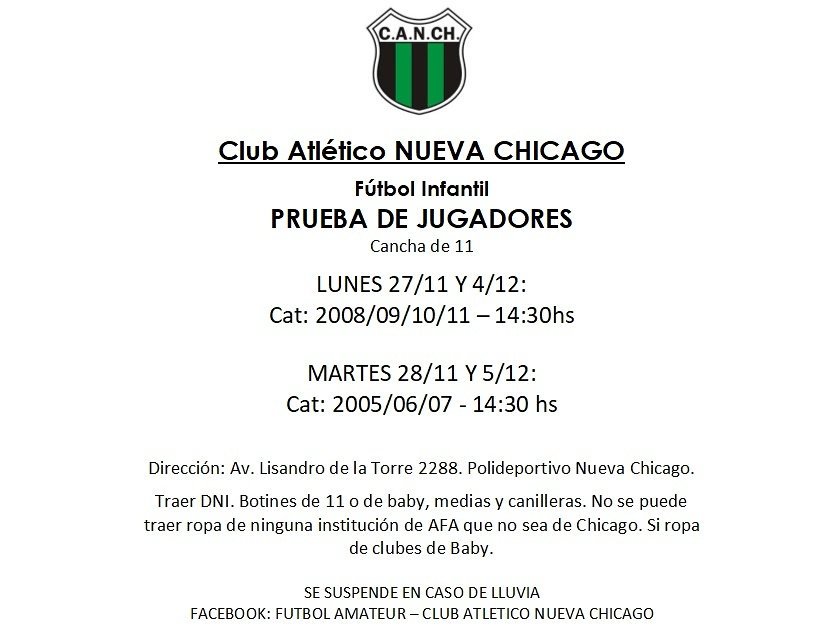 Pruebas de jugadores Nov. y Dic. - Inferiores Fútbol Argentino